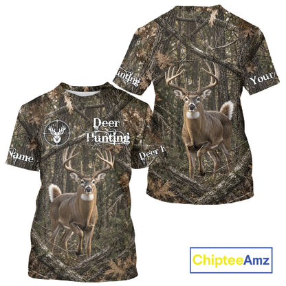 Personalized Whitetail Deer Hunting Shirt With Custom Name, Timber Camo Forest Hunter Jersey NHT1631