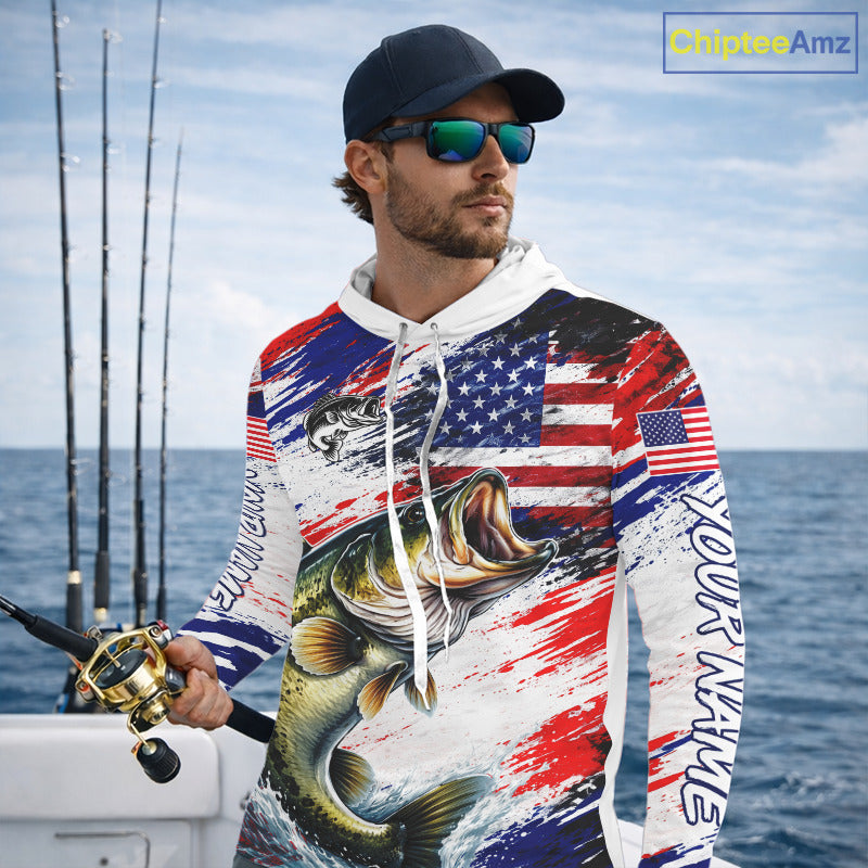 Patriotic Bass Fishing Tournament Shirts, Personalized American Flag Hooded Bass Fishing Jerseys NHT497
