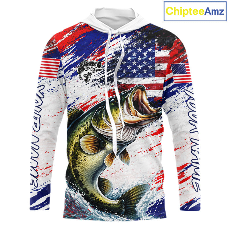 Patriotic Bass Fishing Tournament Shirts, Personalized American Flag Hooded Bass Fishing Jerseys NHT497