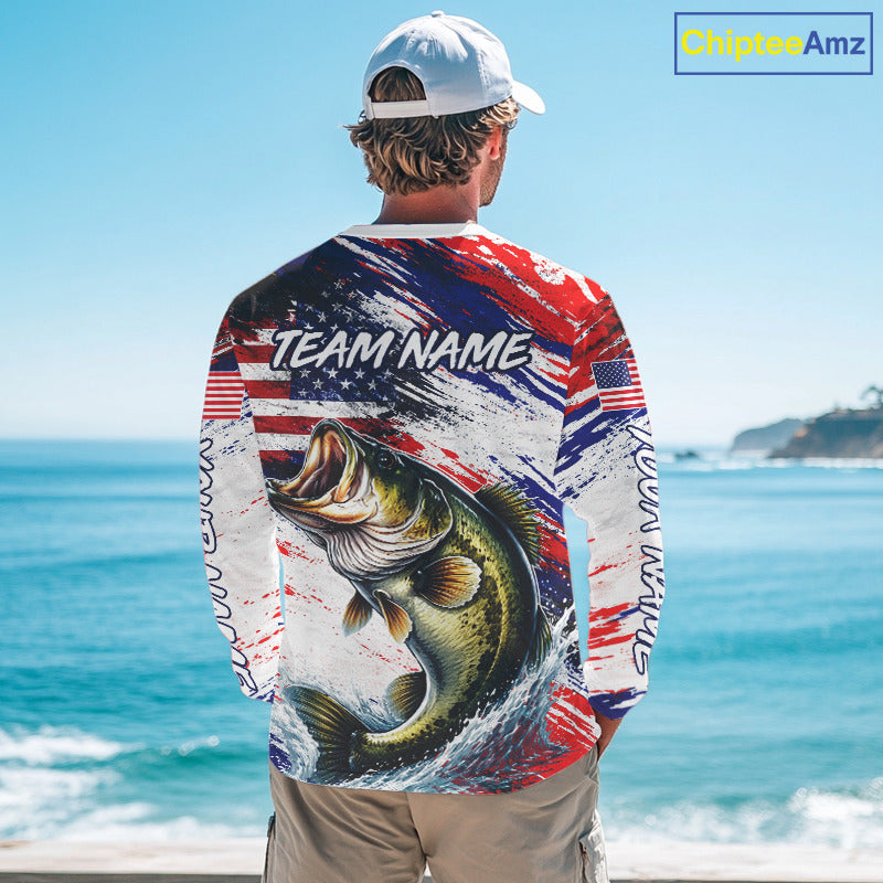 Patriotic Bass Fishing Tournament Shirts, Personalized American Flag Bass Fishing Jerseys NHT497