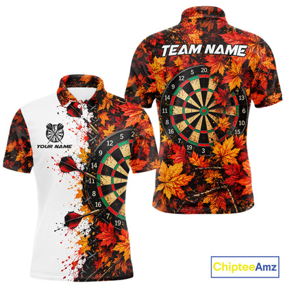 Personalized Autumn Men Darts Polo Shirt Quarter Zip Laced Maple Leaves Dartboard Jersey NHT1813