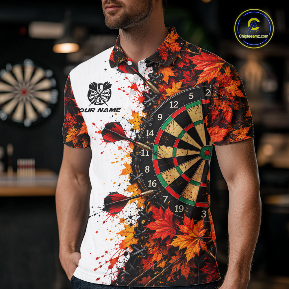 Personalized Autumn Men Darts Polo Shirt Quarter Zip Laced Maple Leaves Dartboard Jersey NHT1813