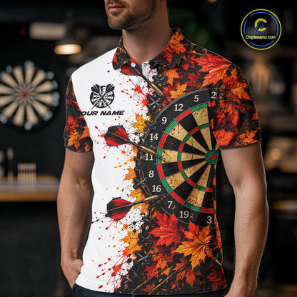 Personalized Autumn Men Darts Polo Shirt Quarter Zip Laced Maple Leaves Dartboard Jersey NHT1813