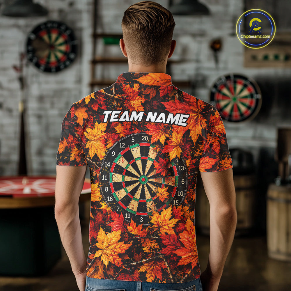Personalized Autumn Men Darts Polo Shirt Quarter Zip Laced Maple Leaves Dartboard Jersey NHT1813