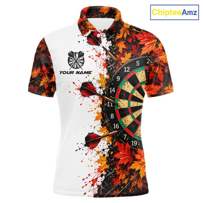 Personalized Autumn Men Darts Polo Shirt Quarter Zip Laced Maple Leaves Dartboard Jersey NHT1813