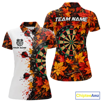 Personalized Autumn Women Darts Polo Shirt Quarter Zip Laced Maple Leaves Dartboard Jersey NHT1813