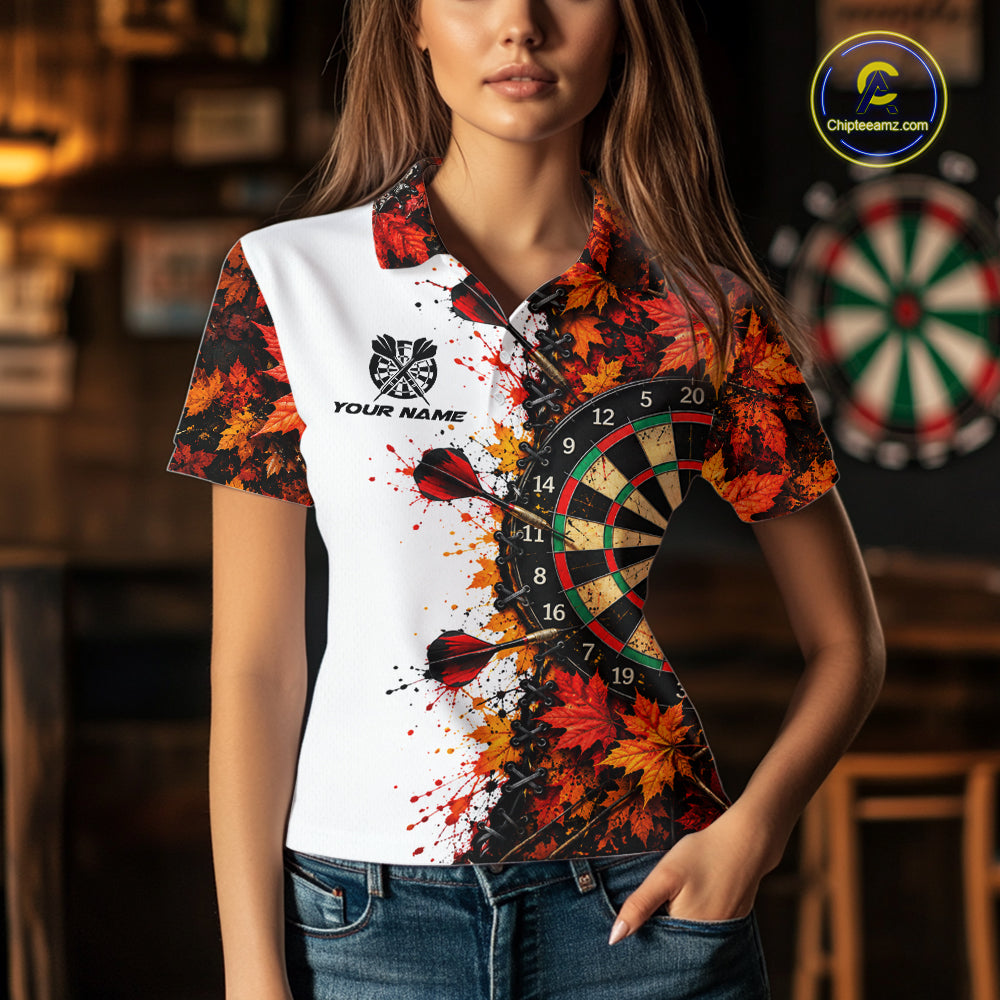 Personalized Autumn Women Darts Polo Shirt Quarter Zip Laced Maple Leaves Dartboard Jersey NHT1813