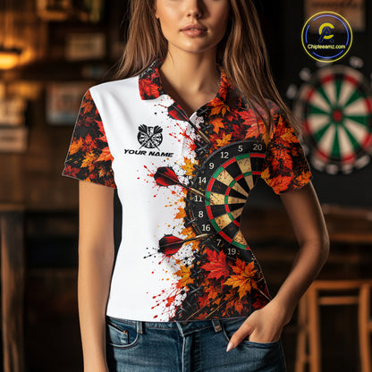 Personalized Autumn Women Darts Polo Shirt Quarter Zip Laced Maple Leaves Dartboard Jersey NHT1813
