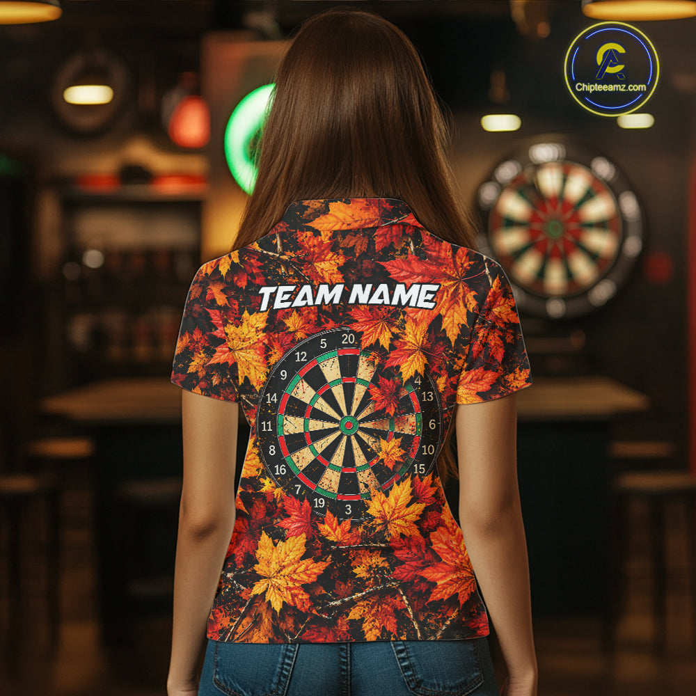 Personalized Autumn Women Darts Polo Shirt Quarter Zip Laced Maple Leaves Dartboard Jersey NHT1813