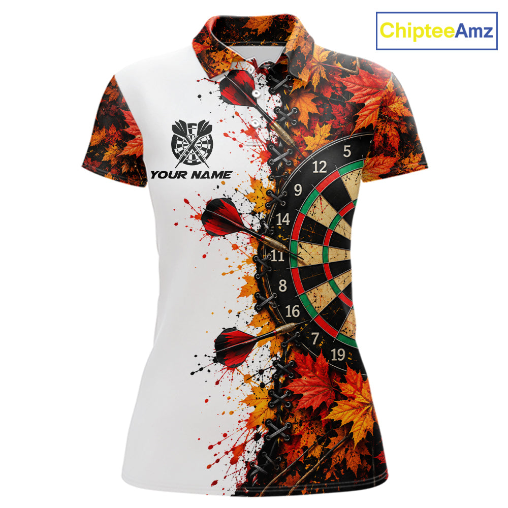 Personalized Autumn Women Darts Polo Shirt Quarter Zip Laced Maple Leaves Dartboard Jersey NHT1813