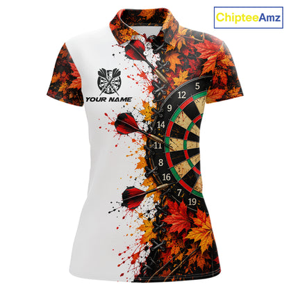 Personalized Autumn Women Darts Polo Shirt Quarter Zip Laced Maple Leaves Dartboard Jersey NHT1813