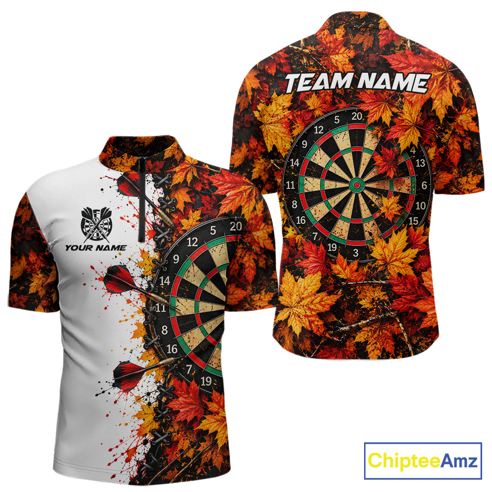 Personalized Autumn Men Darts Polo Shirt Quarter Zip Laced Maple Leaves Dartboard Jersey NHT1813