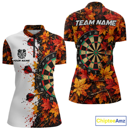 Personalized Autumn Women Darts Polo Shirt Quarter Zip Laced Maple Leaves Dartboard Jersey NHT1813