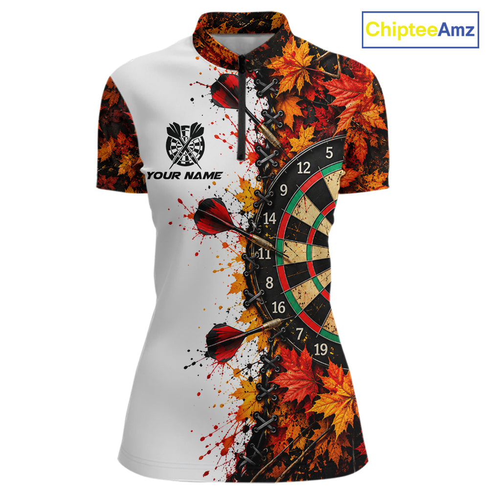 Personalized Autumn Women Darts Polo Shirt Quarter Zip Laced Maple Leaves Dartboard Jersey NHT1813