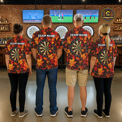 Personalized Autumn Men Darts Polo Shirt Quarter Zip Laced Maple Leaves Dartboard Jersey NHT1813
