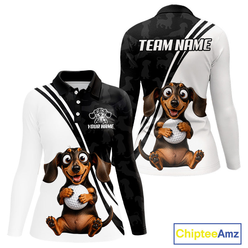 A long-sleeve polo shirt with a split white and black design, featuring a cartoon dachshund holding a golf ball on the front. The right side of the shirt has a black camouflage pattern with a custom logo placeholder and the text 'YOUR NAME'.