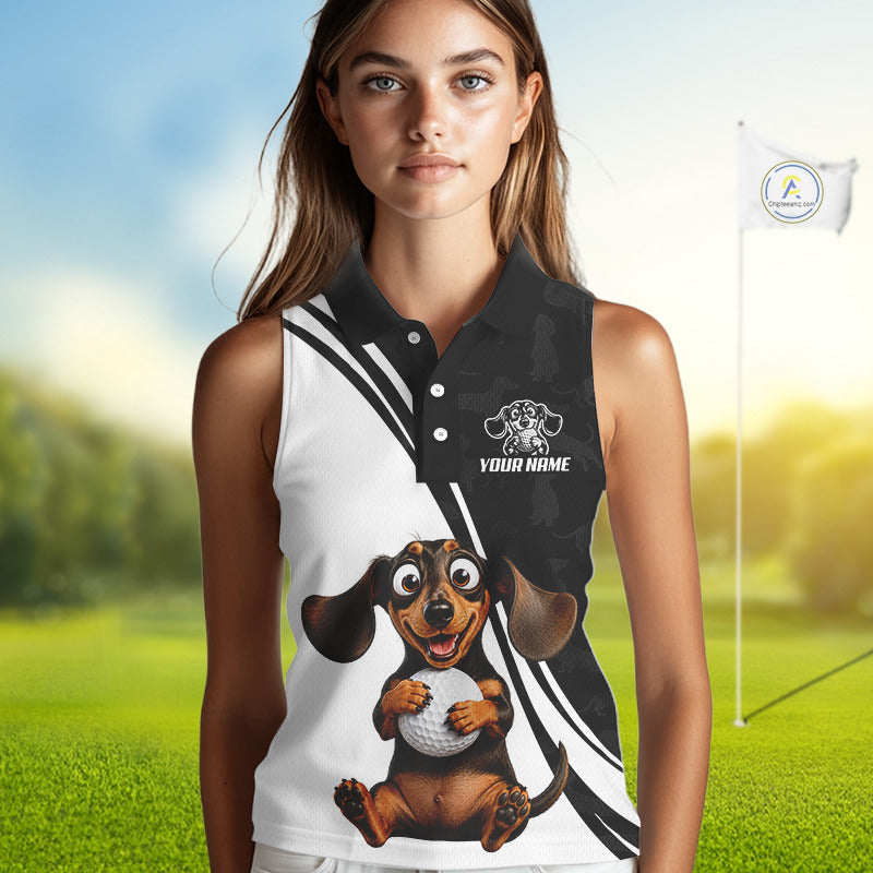 A woman modeling a sleeveless golf polo shirt with a custom dachshund graphic holding a golf ball, set against a blurred golf course background