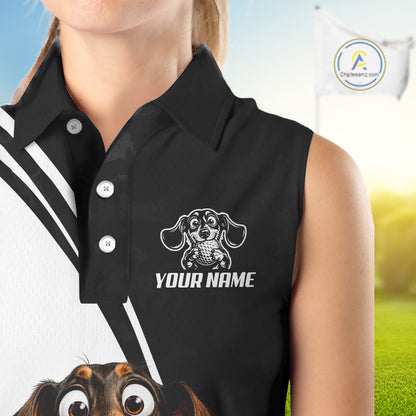 A sleeveless black polo shirt with a white collar and buttons, featuring a white dachshund graphic and the text 'YOUR NAME' on the chest. The shirt is shown on a model against a blurred golf course background with a flag.
