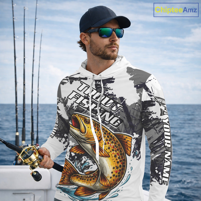 Brown Trout Fishing Shirt Long Sleeve Hooded, Tournament Fishing Shirts, Trout Fly Fishing Shirt NHT449