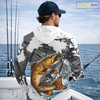 Brown Trout Fishing Shirt Long Sleeve Hooded, Tournament Fishing Shirts, Trout Fly Fishing Shirt NHT449