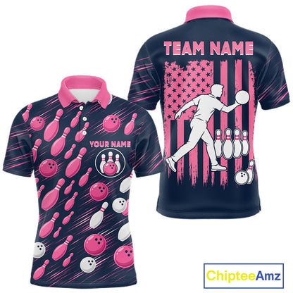 Navy Pink Bowling Ball Pins Polo Shirt For Men Custom USA Flag Bowling Team Tournament Jersey NHT1635