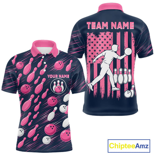 Navy Pink Bowling Ball Pins Polo Shirt For Men Custom USA Flag Bowling Team Tournament Jersey NHT1635