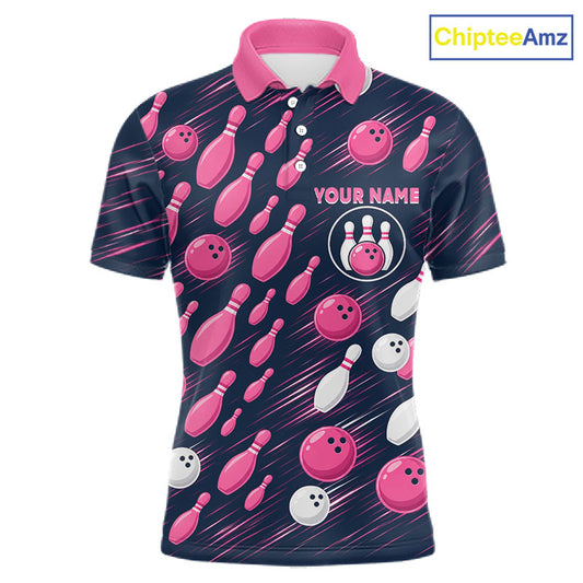 Navy Pink Bowling Ball Pins Polo Shirt For Men Custom USA Flag Bowling Team Tournament Jersey NHT1635