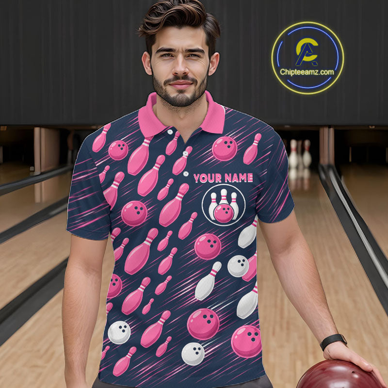 Navy Pink Bowling Ball Pins Polo Shirt For Men Custom USA Flag Bowling Team Tournament Jersey NHT1635