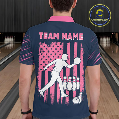 Navy Pink Bowling Ball Pins Polo Shirt For Men Custom USA Flag Bowling Team Tournament Jersey NHT1635