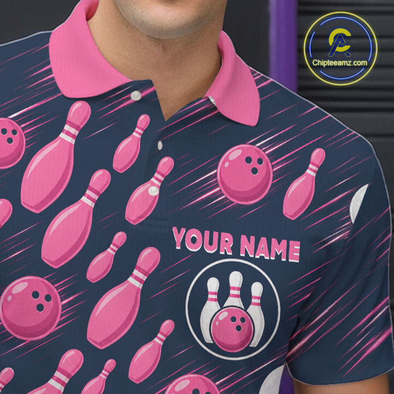 Navy Pink Bowling Ball Pins Polo Shirt For Men Custom USA Flag Bowling Team Tournament Jersey NHT1635