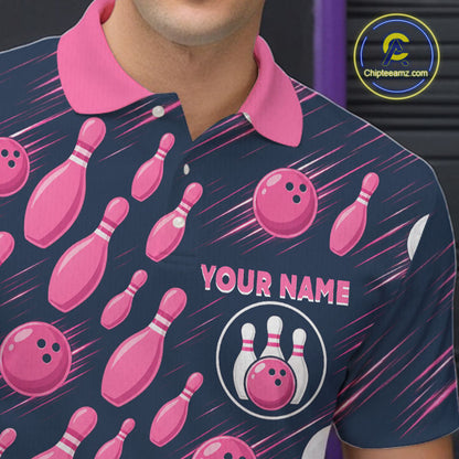 Navy Pink Bowling Ball Pins Polo Shirt For Men Custom USA Flag Bowling Team Tournament Jersey NHT1635