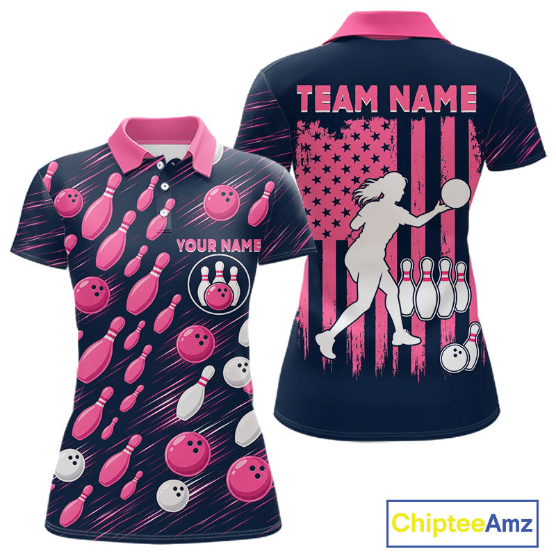 Navy Pink Bowling Ball Pins Polo Shirt For Women Custom USA Flag Bowling Team Tournament Jersey NHT1635