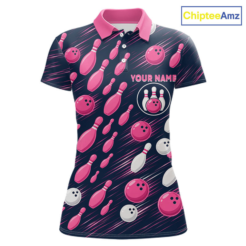 Navy Pink Bowling Ball Pins Polo Shirt For Women Custom USA Flag Bowling Team Tournament Jersey NHT1635