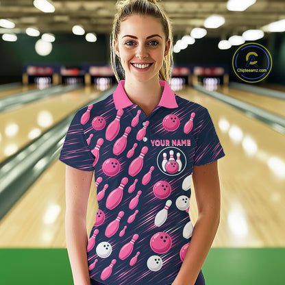 Navy Pink Bowling Ball Pins Polo Shirt For Women Custom USA Flag Bowling Team Tournament Jersey NHT1635