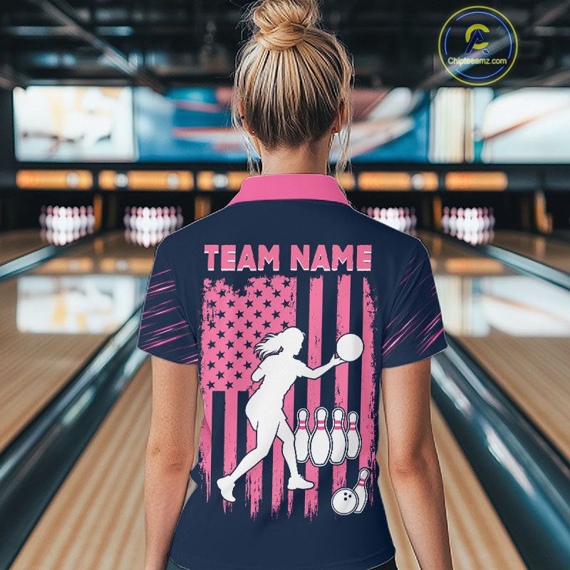 Navy Pink Bowling Ball Pins Polo Shirt For Women Custom USA Flag Bowling Team Tournament Jersey NHT1635