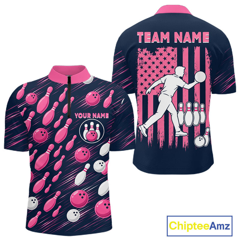 Navy Pink Bowling Ball Pins Polo Shirt For Men Custom USA Flag Bowling Team Tournament Jersey NHT1635