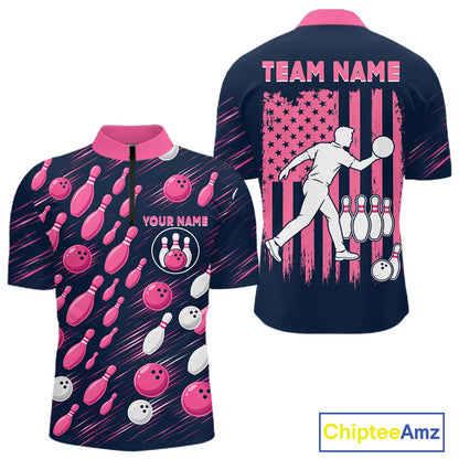 Navy Pink Bowling Ball Pins Polo Shirt For Men Custom USA Flag Bowling Team Tournament Jersey NHT1635