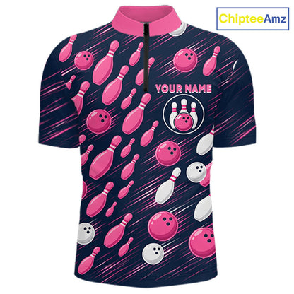 Navy Pink Bowling Ball Pins Polo Shirt For Men Custom USA Flag Bowling Team Tournament Jersey NHT1635