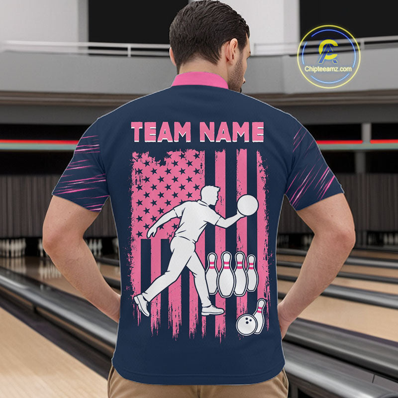 Navy Pink Bowling Ball Pins Polo Shirt For Men Custom USA Flag Bowling Team Tournament Jersey NHT1635