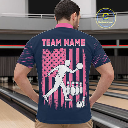 Navy Pink Bowling Ball Pins Polo Shirt For Men Custom USA Flag Bowling Team Tournament Jersey NHT1635