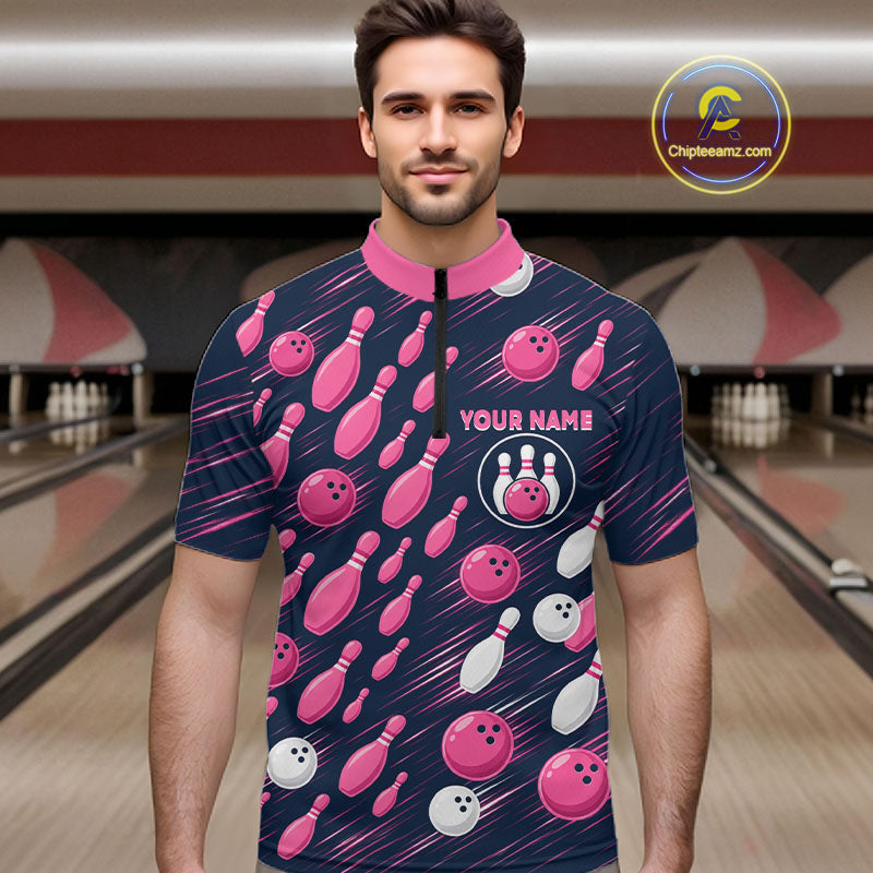 Navy Pink Bowling Ball Pins Polo Shirt For Men Custom USA Flag Bowling Team Tournament Jersey NHT1635