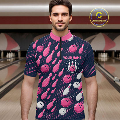 Navy Pink Bowling Ball Pins Polo Shirt For Men Custom USA Flag Bowling Team Tournament Jersey NHT1635