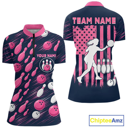 Navy Pink Bowling Ball Pins Polo Shirt For Women Custom USA Flag Bowling Team Tournament Jersey NHT1635