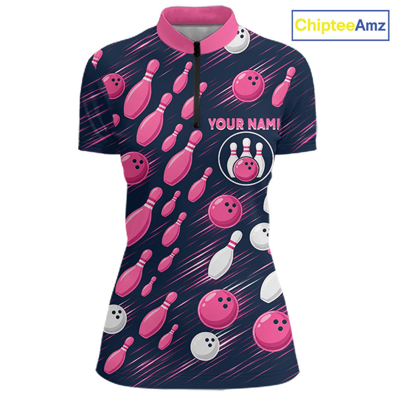 Navy Pink Bowling Ball Pins Polo Shirt For Women Custom USA Flag Bowling Team Tournament Jersey NHT1635