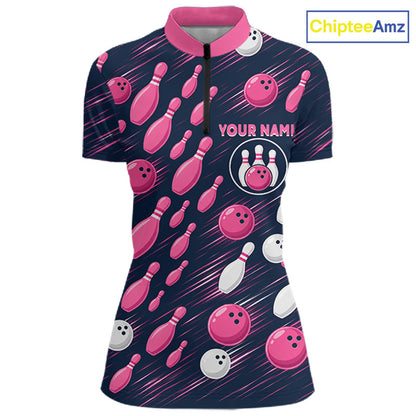 Navy Pink Bowling Ball Pins Polo Shirt For Women Custom USA Flag Bowling Team Tournament Jersey NHT1635