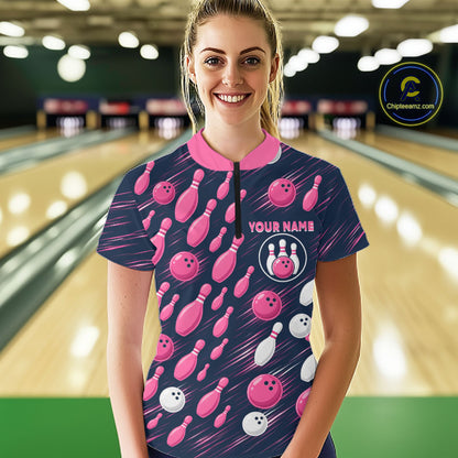 Navy Pink Bowling Ball Pins Polo Shirt For Women Custom USA Flag Bowling Team Tournament Jersey NHT1635
