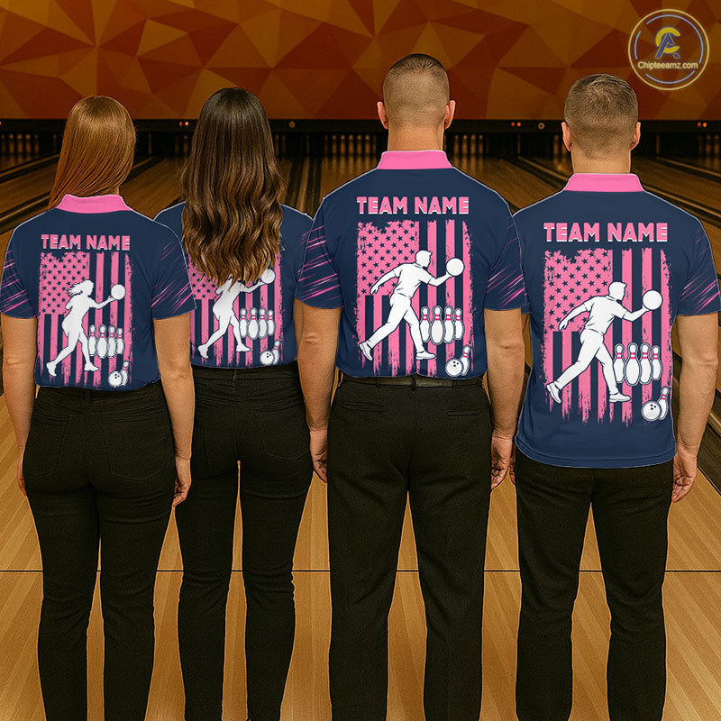 Navy Pink Bowling Ball Pins Polo Shirt For Men Custom USA Flag Bowling Team Tournament Jersey NHT1635