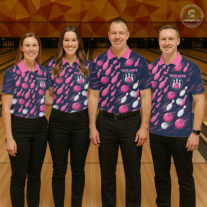 Navy Pink Bowling Ball Pins Polo Shirt For Women Custom USA Flag Bowling Team Tournament Jersey NHT1635