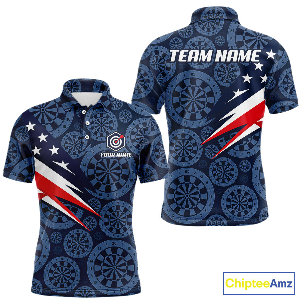 Blue Dartboard American Flag Polo 1/4-Zip Shirt For Men Custom Name Darts Club Match Jersey NHT1637