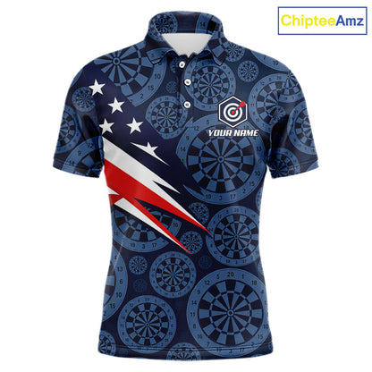 Blue Dartboard American Flag Polo 1/4-Zip Shirt For Men Custom Name Darts Club Match Jersey NHT1637